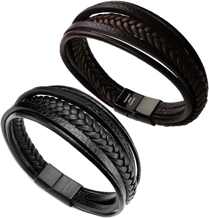Murtoo Mens Leather Bracelet with Clasp Cowhide Multi-Layer Braided Leather Mens Bracelet - Image 1